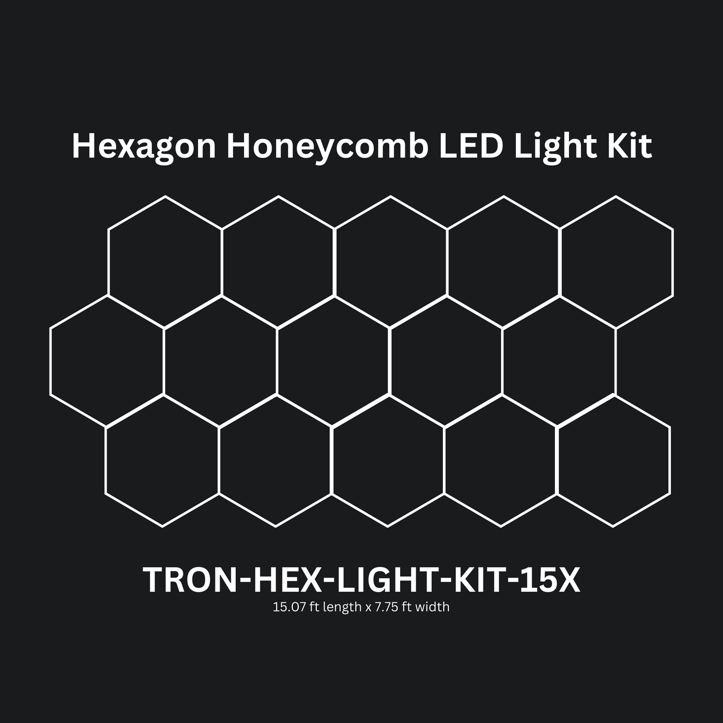 15x (Fifteen) Hexagon LED Light Kit, No Border, Grid Series, Super Bright Daylight White 6500K, TRON-HEX-LIGHT-KIT-15X