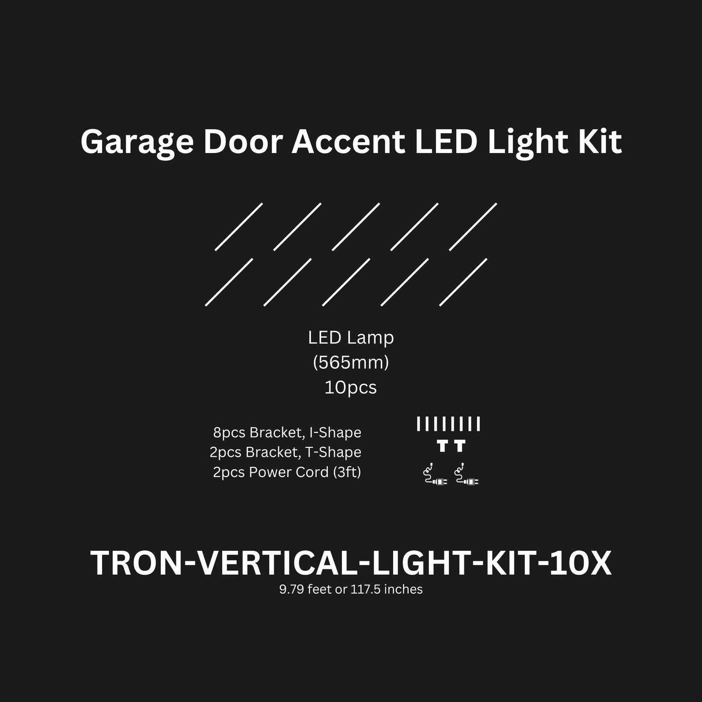 10ft (Ten) Vertical Series LED Light Kit, Garage Door Accent Double Sided, Super Bright Daylight White 6500K, TRON-VERTICAL-LIGHT-KIT-10X