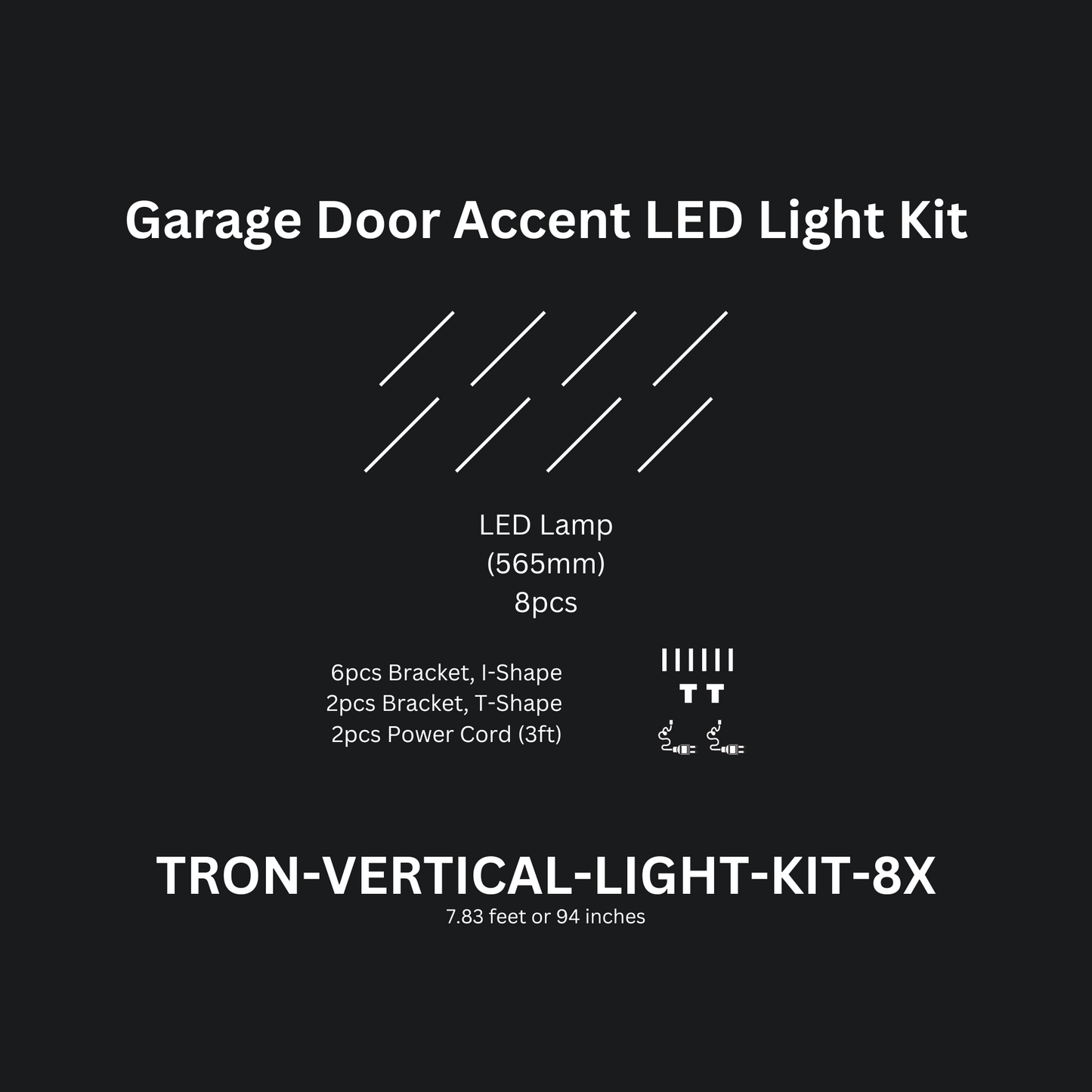 8ft (Eight) Vertical Series LED Light Kit, Garage Door Accent Double Sided, Super Bright Daylight White 6500K, TRON-VERTICAL-LIGHT-KIT-8X