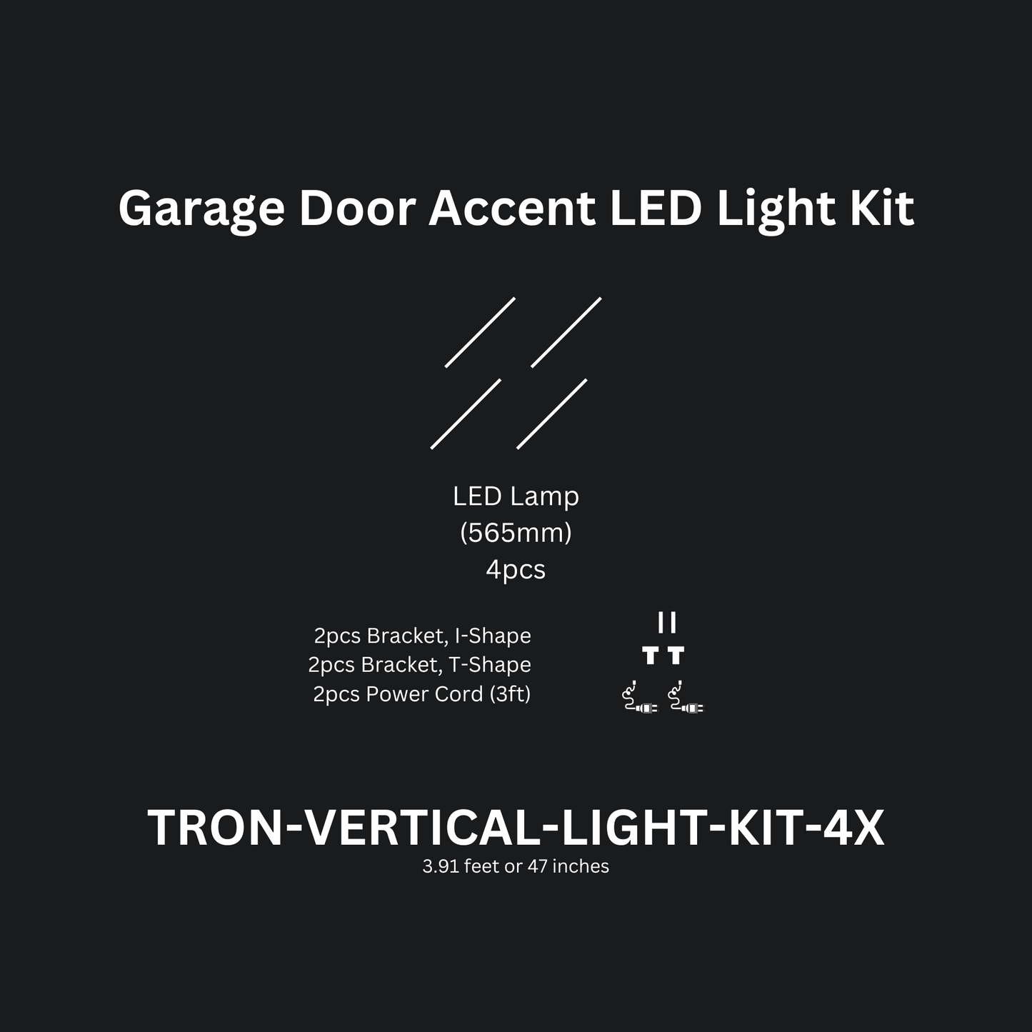 4ft (Four) Vertical Series LED Light Kit, Garage Door Accent Double Sided, Super Bright Daylight White 6500K, TRON-VERTICAL-LIGHT-KIT-4X