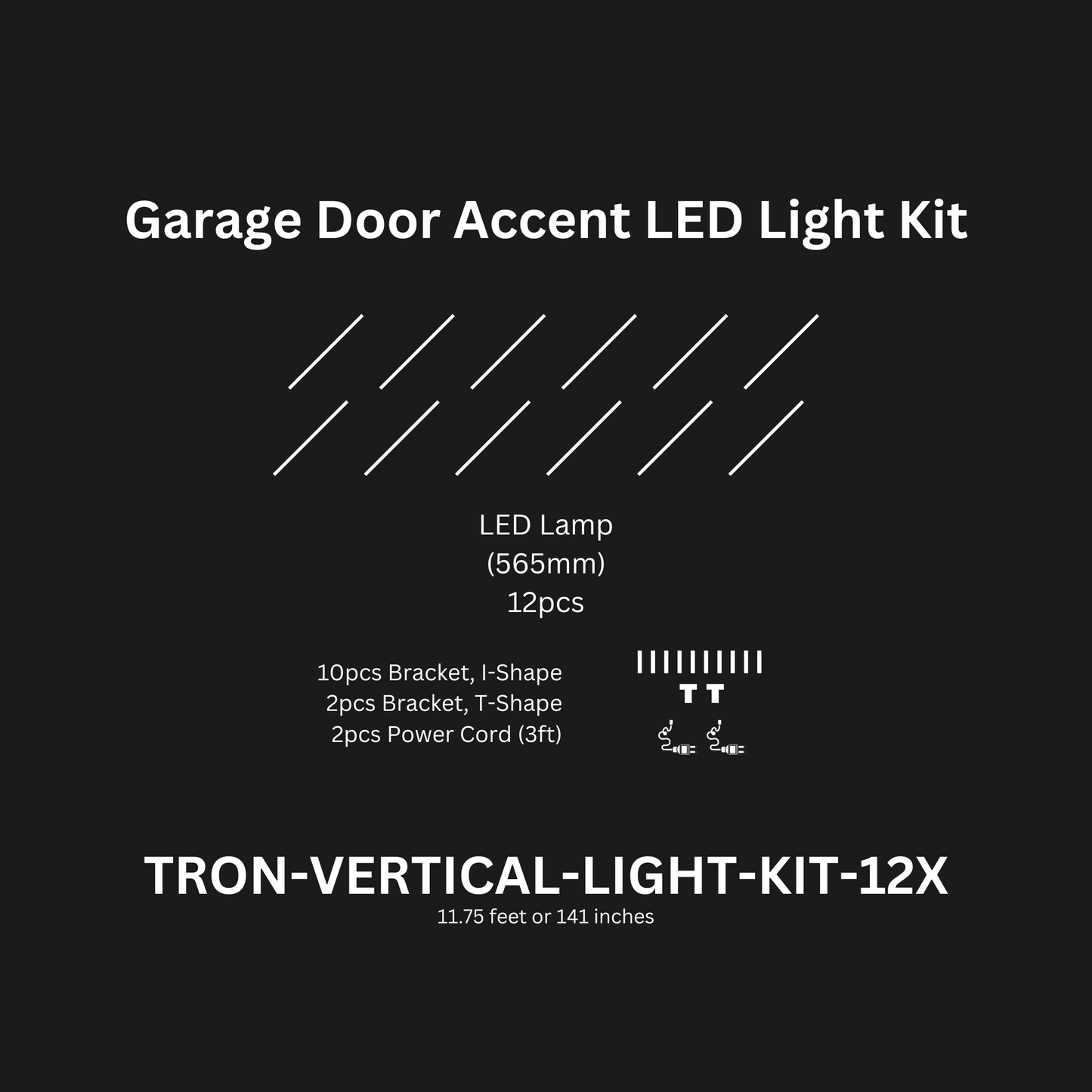12ft (Twelve) Vertical Series LED Light Kit, Garage Door Accent Double Sided, Super Bright Daylight White 6500K, TRON-VERTICAL-LIGHT-KIT-12X