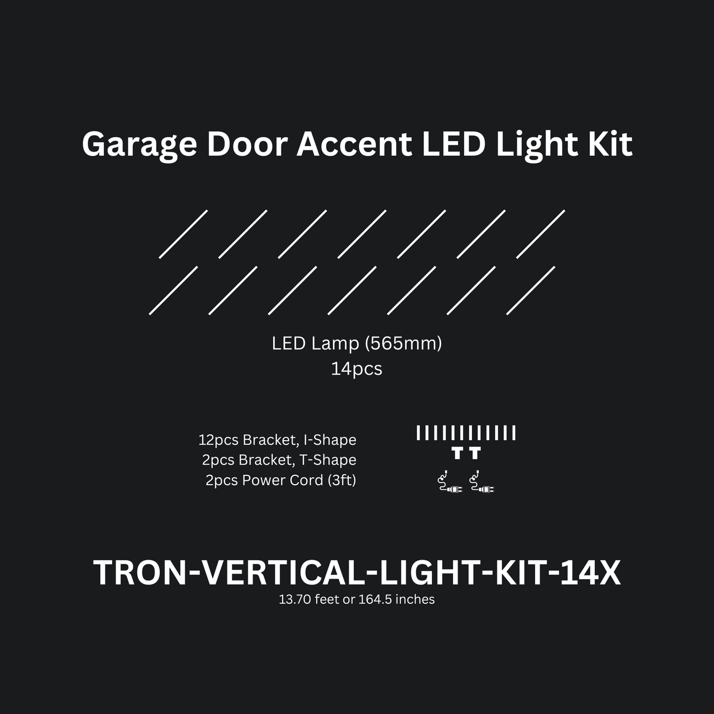 14ft (Fourteen) Vertical Series LED Light Kit, Garage Door Accent Double Sided, Super Bright Daylight White 6500K, TRON-VERTICAL-LIGHT-KIT-14X