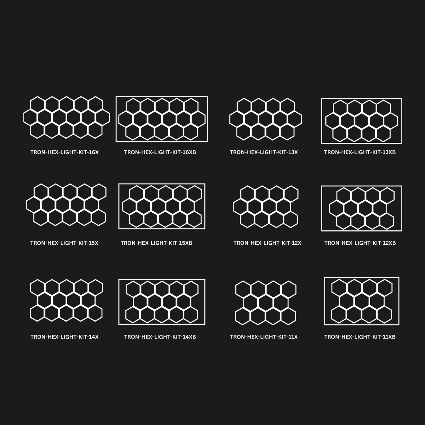 13x (Thirteen) Hexagon LED Light Kit, With Border Upgrade, Grid Series, Super Bright Daylight White 6500K, TRON-HEX-LIGHT-KIT-13XB