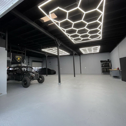 LED Shop Lights, Garage Lighting, Shop Lights, 9x (Nine) Hexagon Lights, Triple Row With Border, TRON-HEX-LIGHT-KIT-9XB